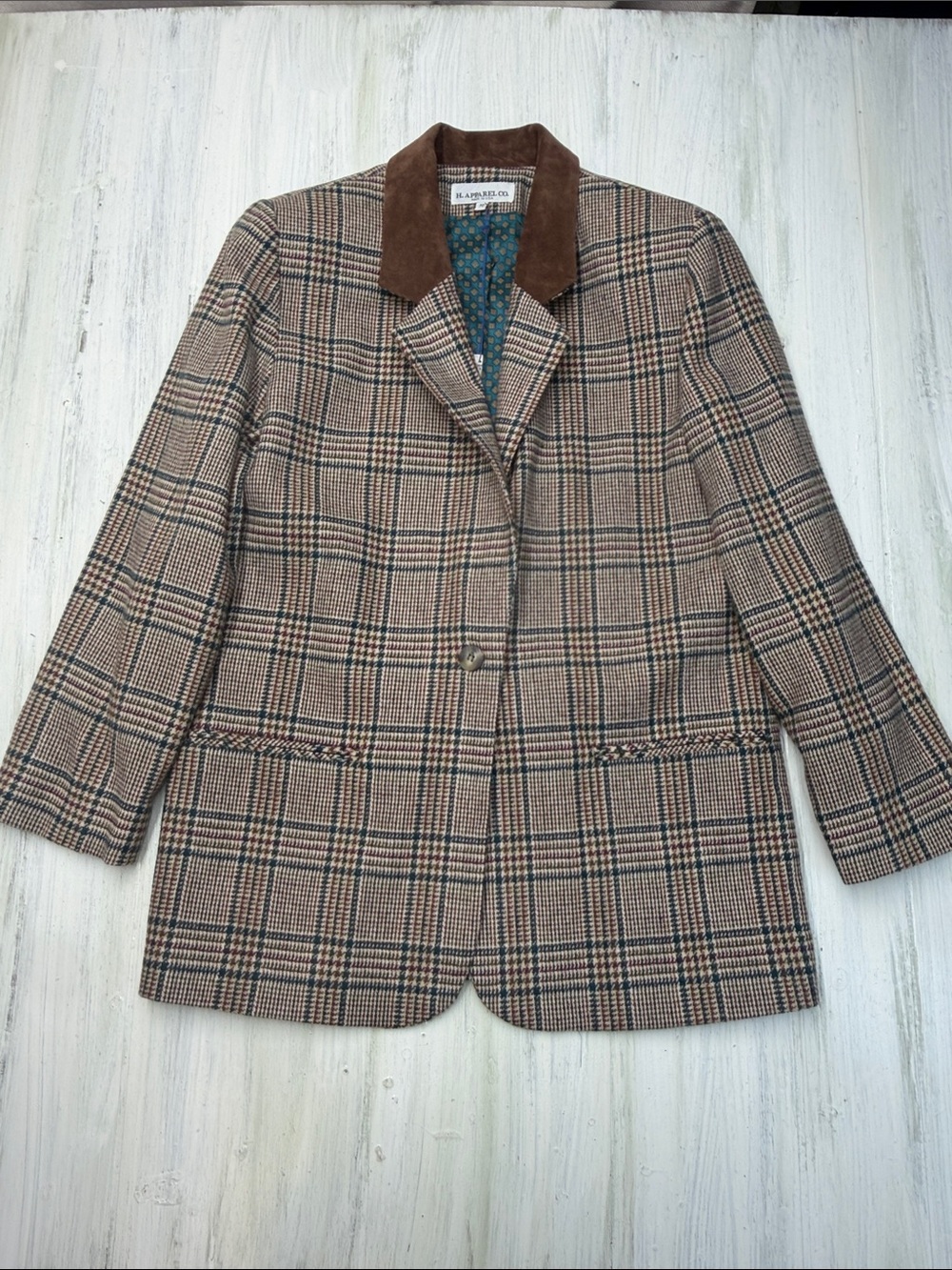 Vintage H. Apparel Co. Glen Plaid Blazer Jacket with Brown Collar - Women's 10